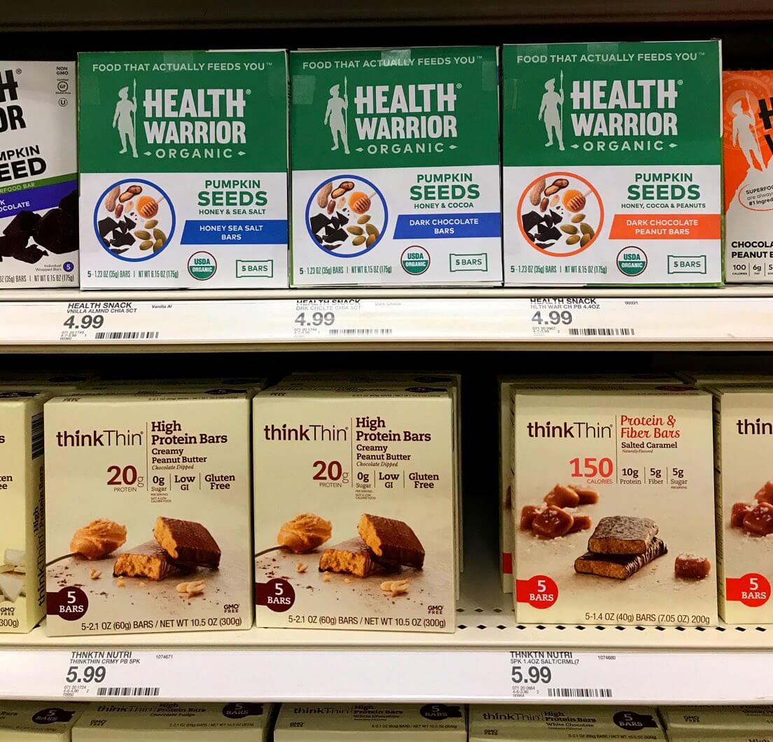 Health Warrior boxes on grocery store shelf